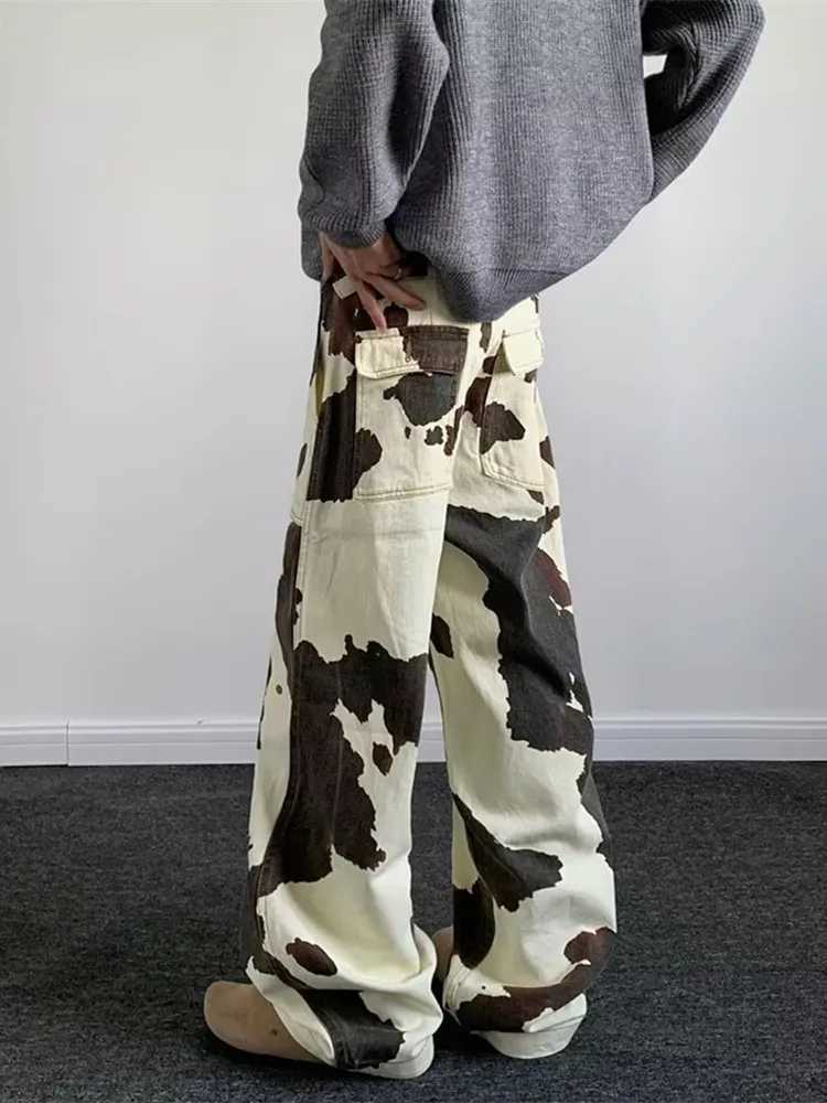 2025 Cyber Y2K Streetwear Cow Pattern Baggy Pants For Men CloTHing Wide Leg Straight Cotton Long Trousers Mens CloTHing Z250605