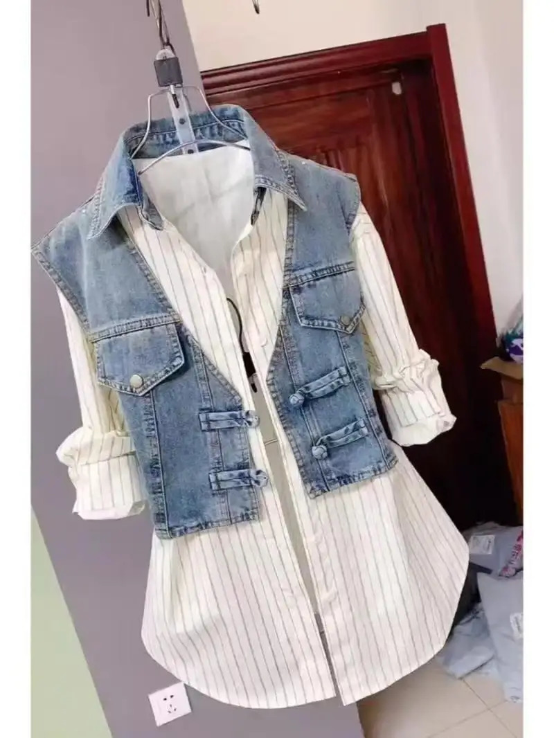 Fashion n Sense Striped Denim Jackets Shirt Womens Spring Summer Cow Splicing Two Pieces Shirt Coat Top Women 250605