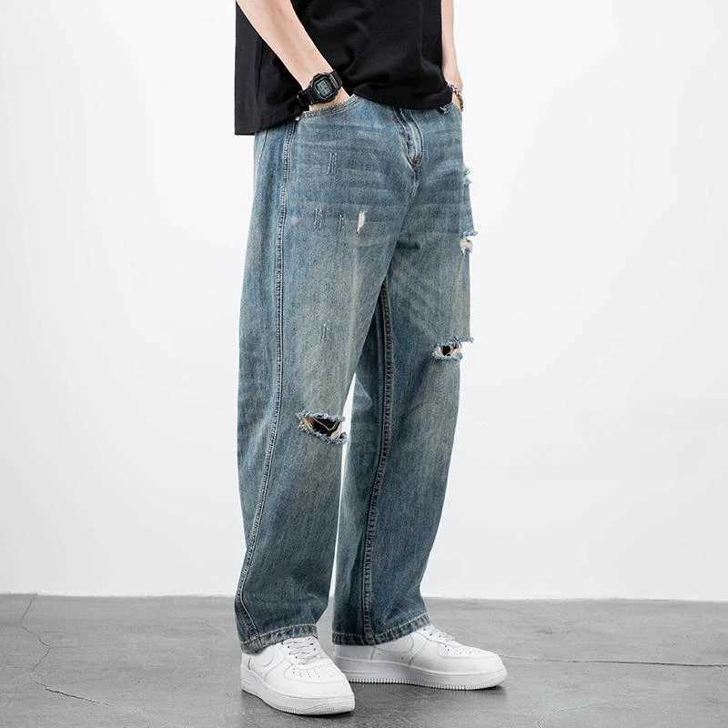 Mens Jeans Broken Straight Trousers Ripped with Holes Loose Torn Wide Leg Male Cowboy Pants Baggy 2024 Korean Autumn New in Xs Z250605