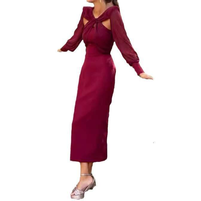 Women's Elegant Pure Color Hollow Twist Patchwork Long Sleeve Slim Fit Dress B5
