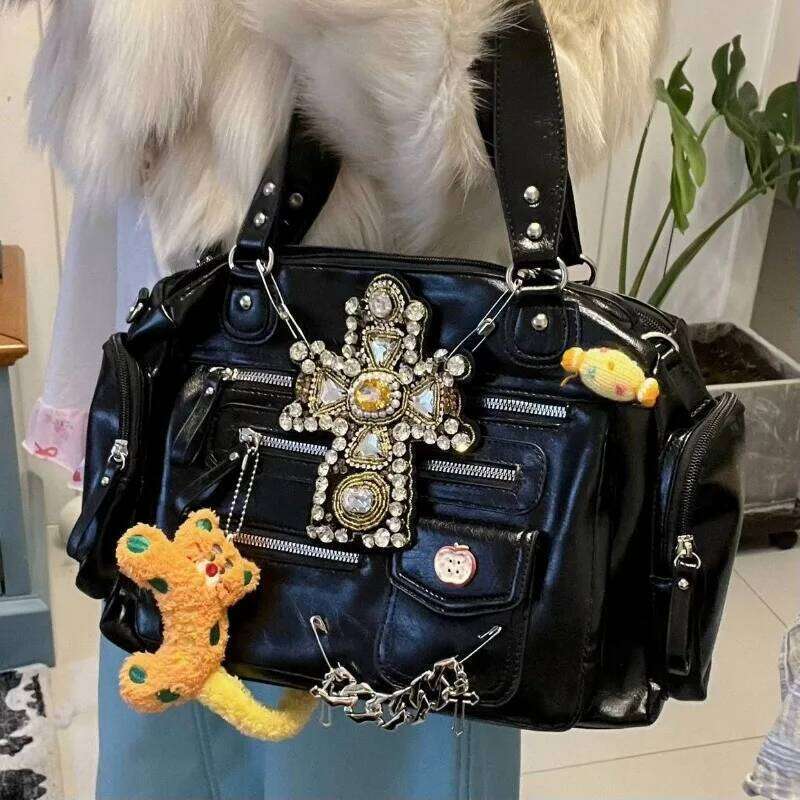 MBTI Y2k Womens Handbag Black Punk Gothic Cross Vintage Shoulder Haruku Style Original Exquisite Female New Aesthetic Bag