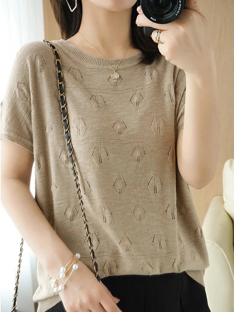 Summer Short Sleeve Women knitted Thin Sweater Female Hollow Out Oneck Pullover Top Ladies Solid Loose Casual Jumpers 250530