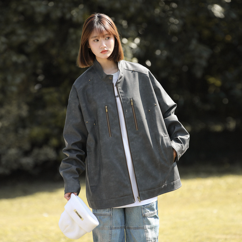 Ddmyoutdoor Couple S Loose PU Leather Jacket Men S Women S Spring Autumn Trendy Brand Handsome And Versatile Casual Jacket Jogging Suit