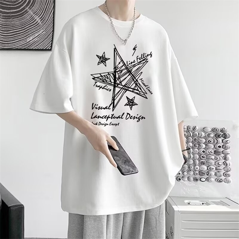 M-8XL Summer limited edition mens oversized T-shirt Line stars printed T-shirt suitable for both men and women 250530