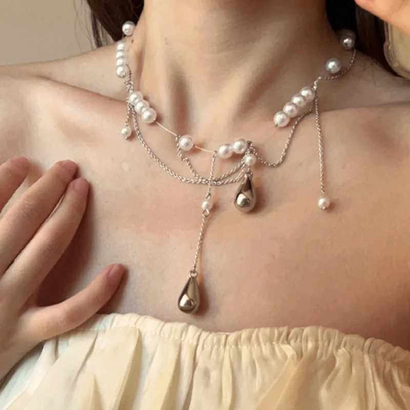 Elegant Water Drop Tassel Pearl Necklace for Women French Exquisite Round Beads Bilayer Choker Y2K Accessories Fashion Jewelry Y250605