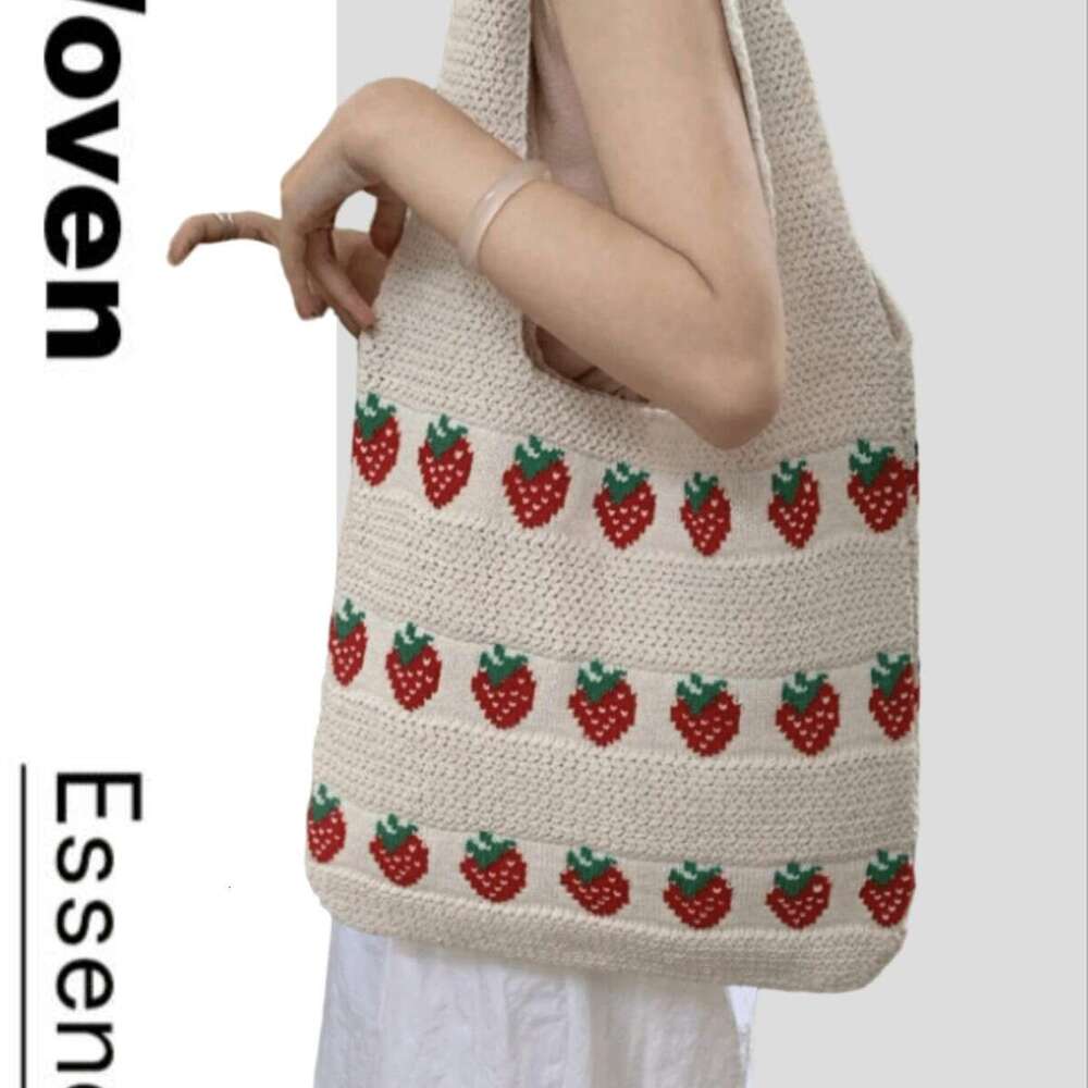 Tote Strawberry Pattern Woven Knitted Crochet Bag Durable Large Capacity Ladies Handbag B5
