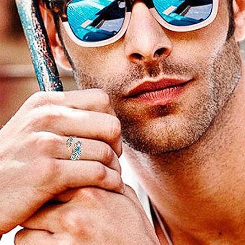 Huitan Bohemia Feather Design Finger Ring for Men/Women Two Tone Plate Oval Imitation Turquoise Stone Couple Rings Trend Jewelry W250606