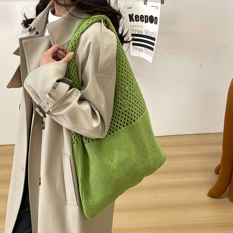 Knitted For Women, Lazy Style Single Shoulder Artistic Tote Fabric Casual Underarm Bag, Handheld Hollow Woven Bag B5