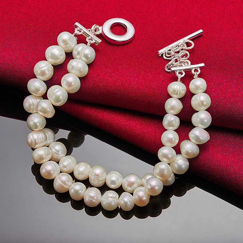 SHSTONE 925 Sterling Silver Double Artificial Pearls Chain Bracelet For Women Wedding Accessories Party Birthday Fashion Jewelry W250606