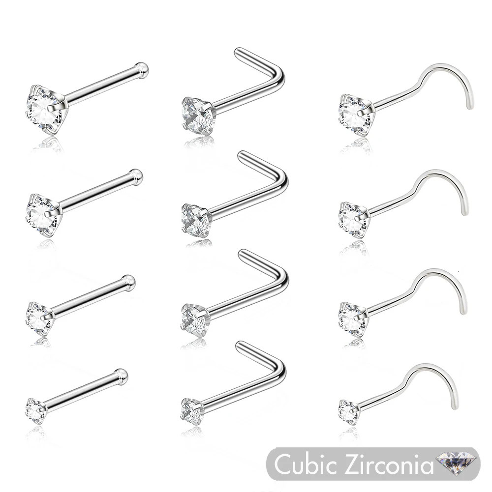 5Pcs CZ Stainless Steel Nose Piercing Stud for Women Gem Nostril Rings Body Jewelry Screw L Straight Shape for 1.5 2.0 2.5 3.0mm 250605