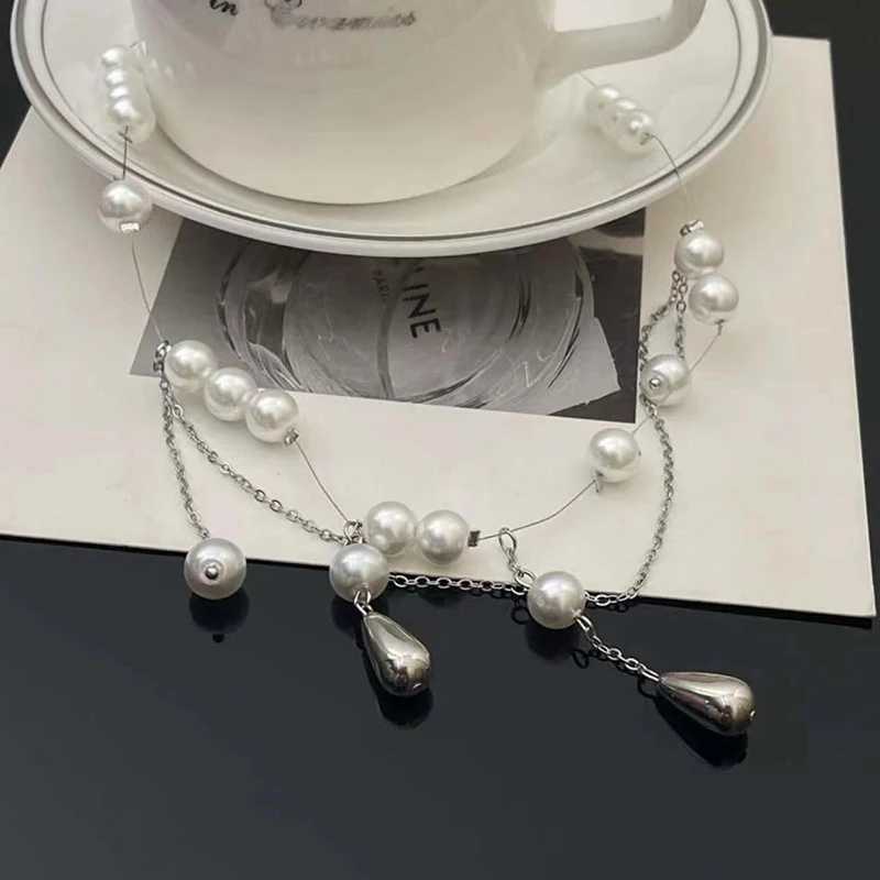 Elegant Water Drop Tassel Pearl Necklace for Women French Exquisite Round Beads Bilayer Choker Y2K Accessories Fashion Jewelry Y250605