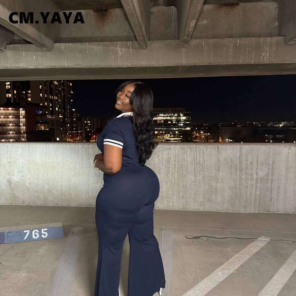 CM.YAYA Women Patchwork Elastic Short Sleeve Jumpsuit 2025 Fashion Summer African Chic Street Party Romper One Piece Set Outfits