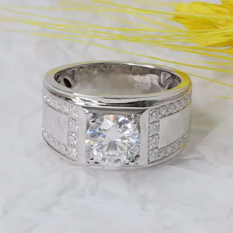 Men Rings Sterling Silver925 2ct DE VVS1 Round Brilliant Cut Moissanite Diamond Engagement Wedding Ring