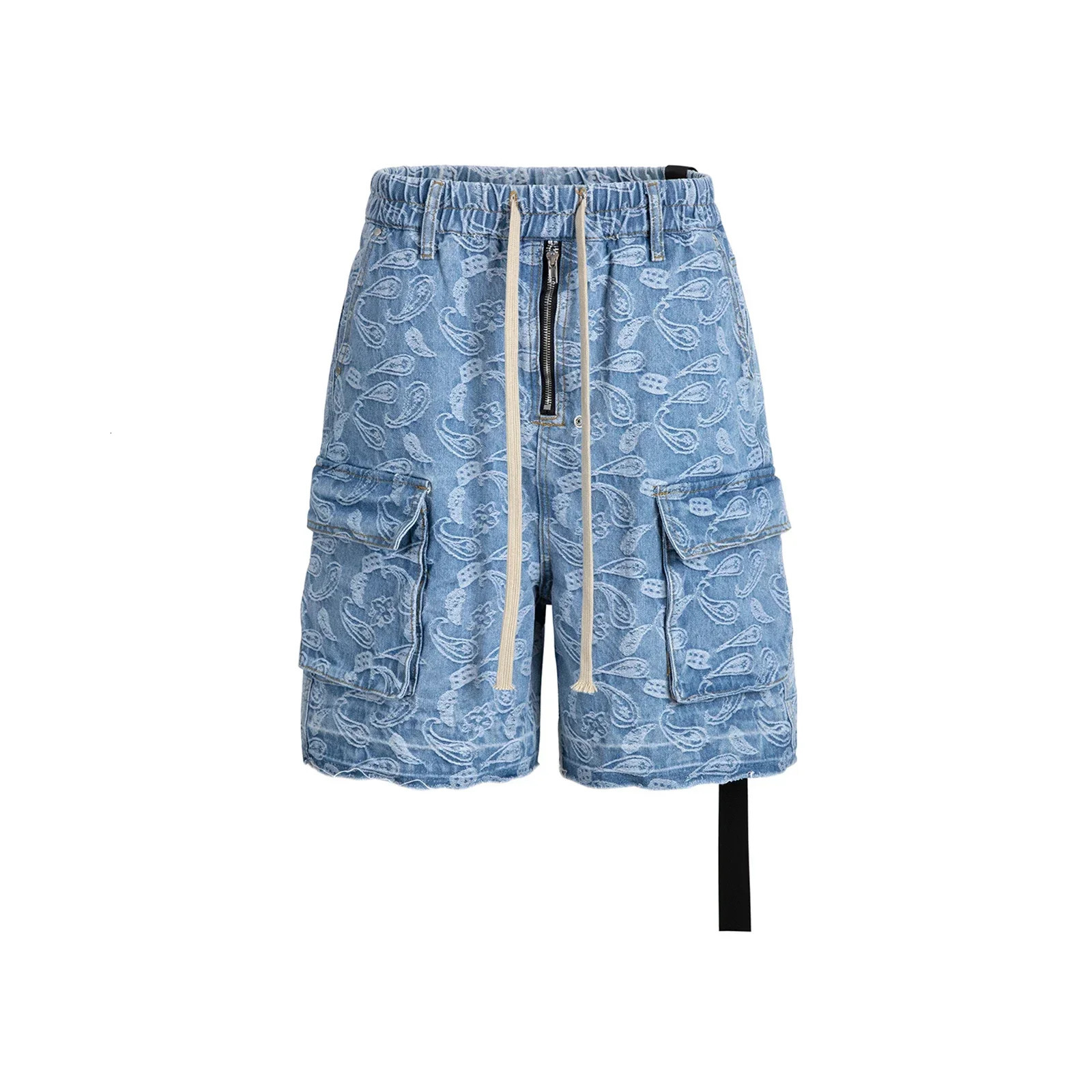 Streetwear Washed Cashew Flower Pocket Summer Denim shorts for Men and Women Wide Leg Baggy Drawstring Cargo Short 250530