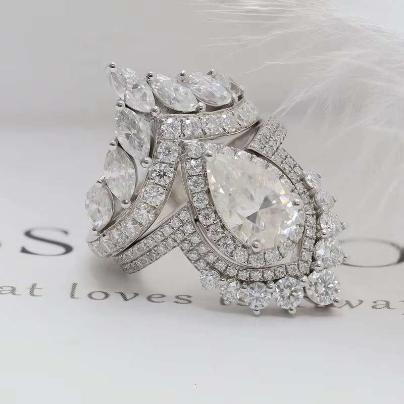 Paston Custom Fine Jewelry 925 Silver DE VVS1 3ct Pear Moissanite Luxury Ring Set With Moissanite Ring Band Wholesale Price