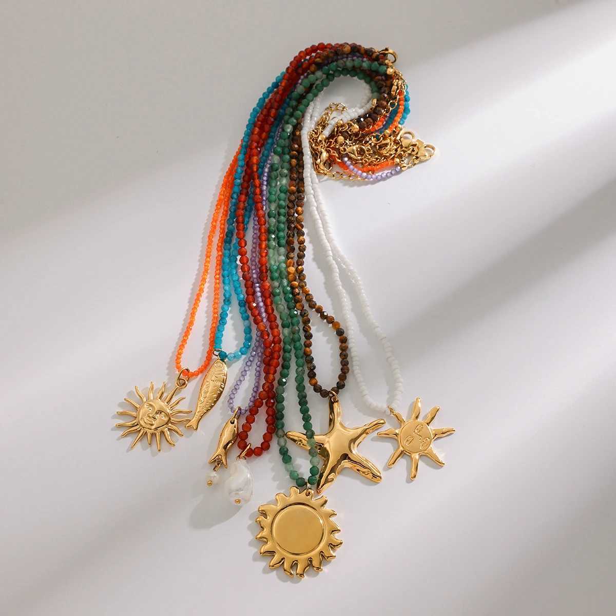 Uworld Beach Ocean Vacation Style 18K Gold Color Stainless Steel Sun Starfish Pendant Necklace Natural Stone Bead Necklace for Women Y250605