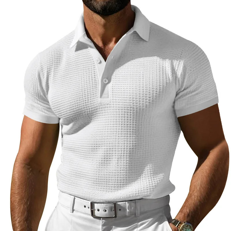Mens Summer Style European and American Fashion Classic Comfortable Breathable Waffle Solid Color Top T-shirt Polo Shirt 250605