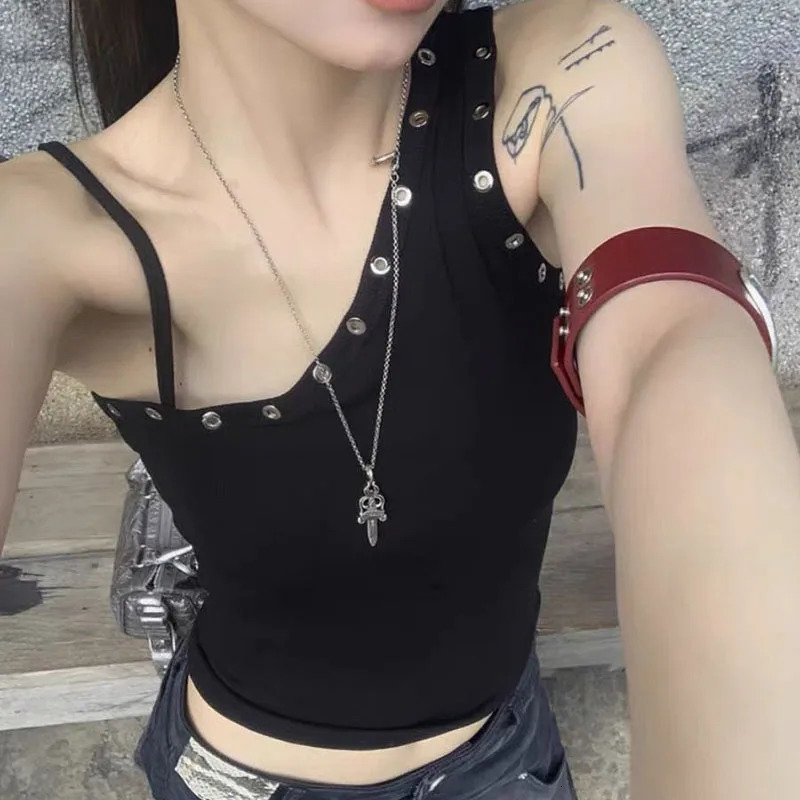Lucyever Black Sexy One Shoulder Vest Tops Women Streetwear Ribbed Sleeveless Slim Fit Tank Female Y2K Grunge Punk Crop Tops 250605