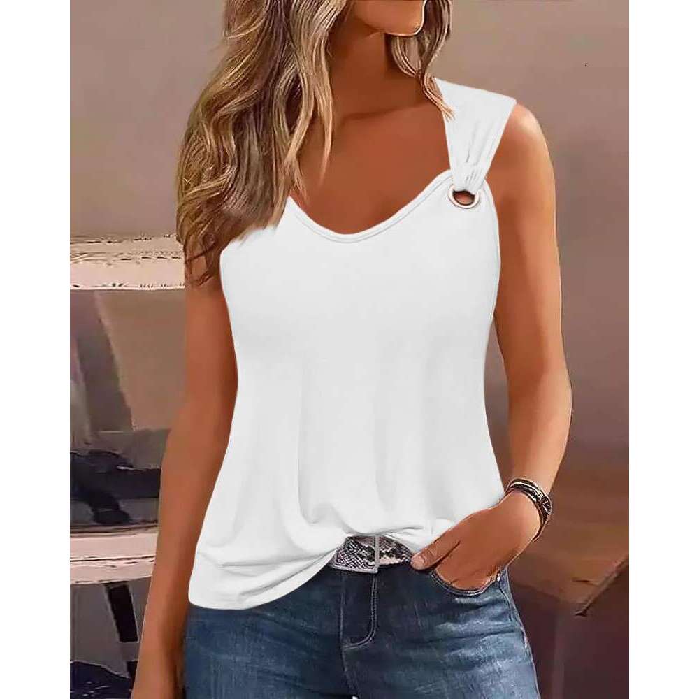 Summer Fashion Sexy Simple Metal Buckle V-Neck Sleeveless Women's Solid Color Sweet Vest B5