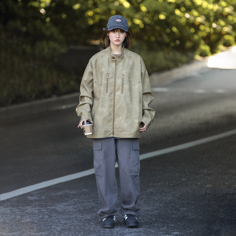 Ddmyoutdoor Couple S Loose PU Leather Jacket Men S Women S Spring Autumn Trendy Brand Handsome And Versatile Casual Jacket Jogging Suit