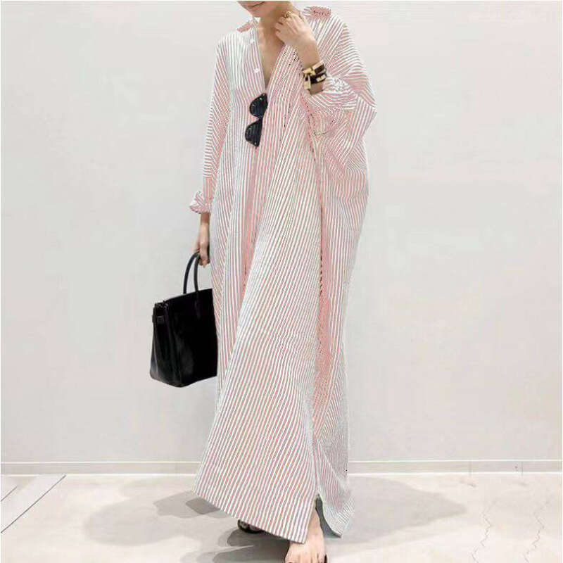 New Loose Striped Print Fashion Women's Plus Size Long Dress Cardigan B5
