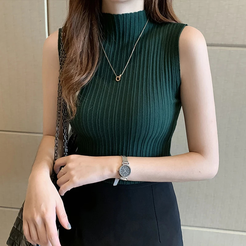 Solid Slim Thin Sleeveless Knitted Sweater 2023 Spring Summer Half High Neck Shirt for Women Elegant Casual Blouse Blusas 15662 250530
