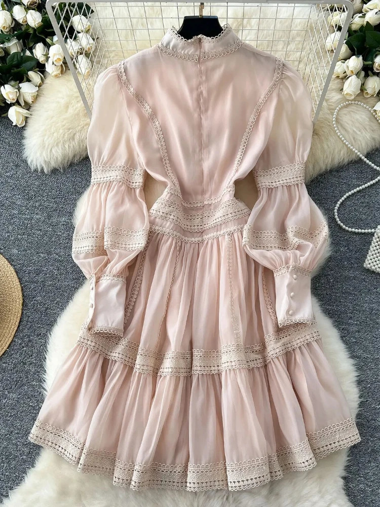 Short Dresses Shirt Women Spring Autumn Single Breasted Stand Collar Embroidered Crochet Formal Occasion Party Vestidos 250605