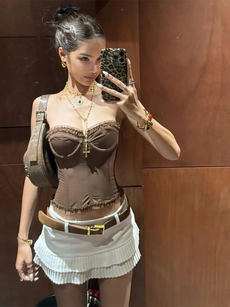 Nibber Folds Sexy Fishbone Strapless Tops Patchwork See Through Skinny Summer Backless Daily Street Versatile Sweet Clothes 250605