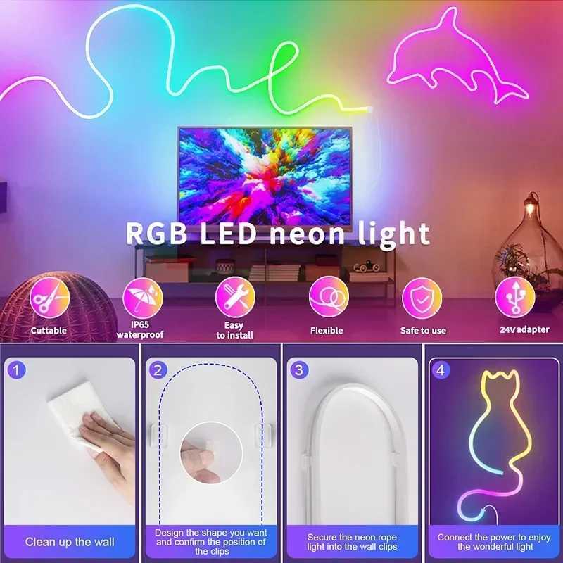 Neon LED Lights Strip 24V RGB Neon Flexible Tape Control With Bluetooth App 15M 10M 20M 30 Meters Childrens Room LED Wall Light Z250605