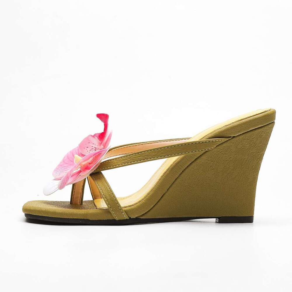 2025 Summer New flower Style wedge Heel Silk Pinch Leg Outskirt Small wer Half Dragged High Heels for Women