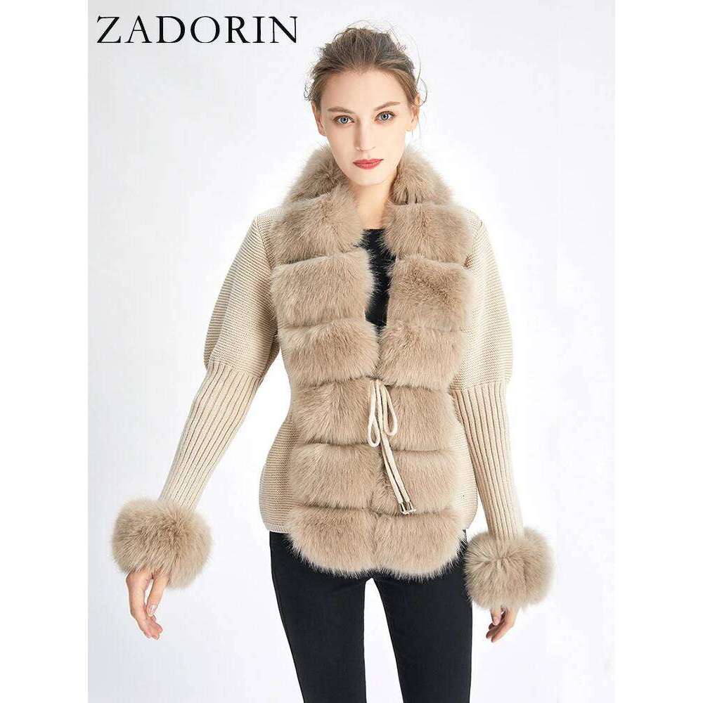 ZADORIN Fall Winter Women Coat Knitted Sweater Cardigan Detachable Collar White Pink Jacket Faux Fur Coats luanyun
