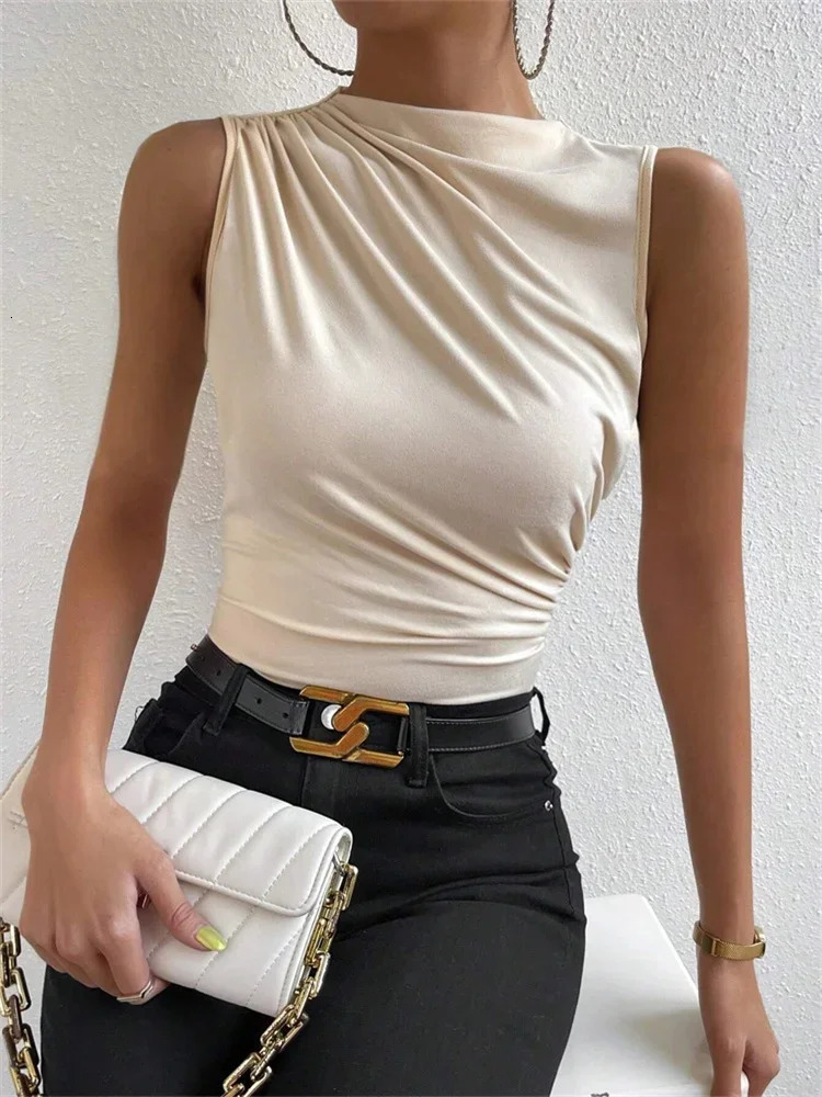 Fashion Casual Mock Neck Ruched Tank Top for Women Summer 2024 Solid Color Pleated Sleeveless Tee Shirt Tshirt Streetwear Y2K 250527
