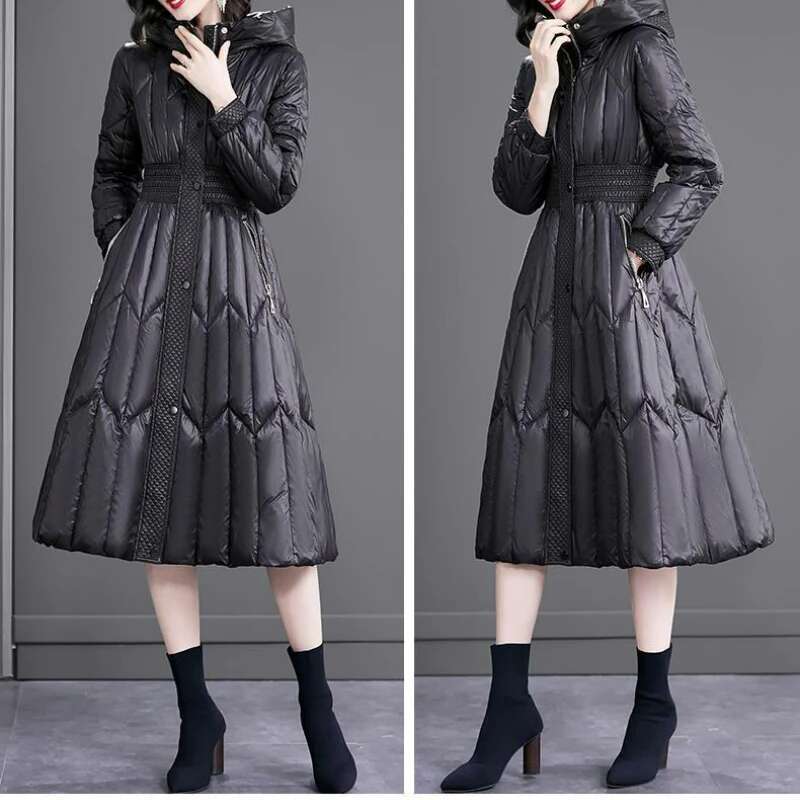 2024 New Women's Winter Slim Fit Waist Long Down Cotton Suit Hooded Style and Fashionable Mid Length Coat Parka