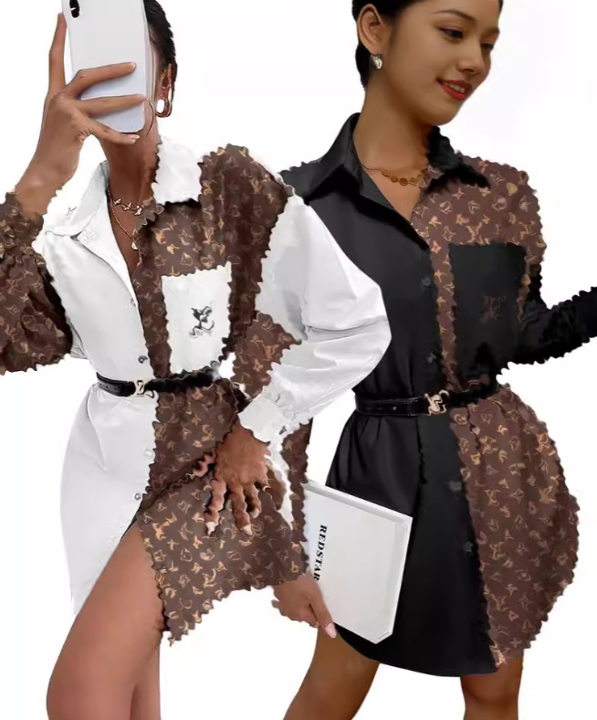 new style designer Women's Blouses Women Splicing Print Casual Loose Tops Stand V Neck Long Sleeves Button Plus Size Pullover Female Tee Shirts Blouse