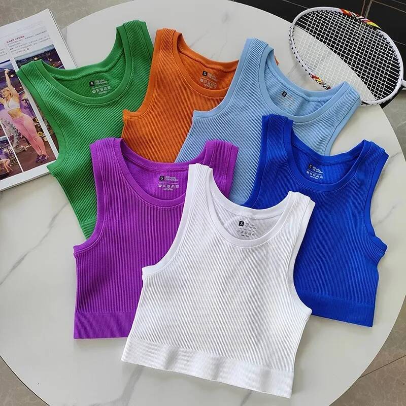 Sexy Women Sports Fiess Running Crop Top Sleeveless Vest Solid Color Knitted Short Sleeve Gym Yoga Tops Shirt