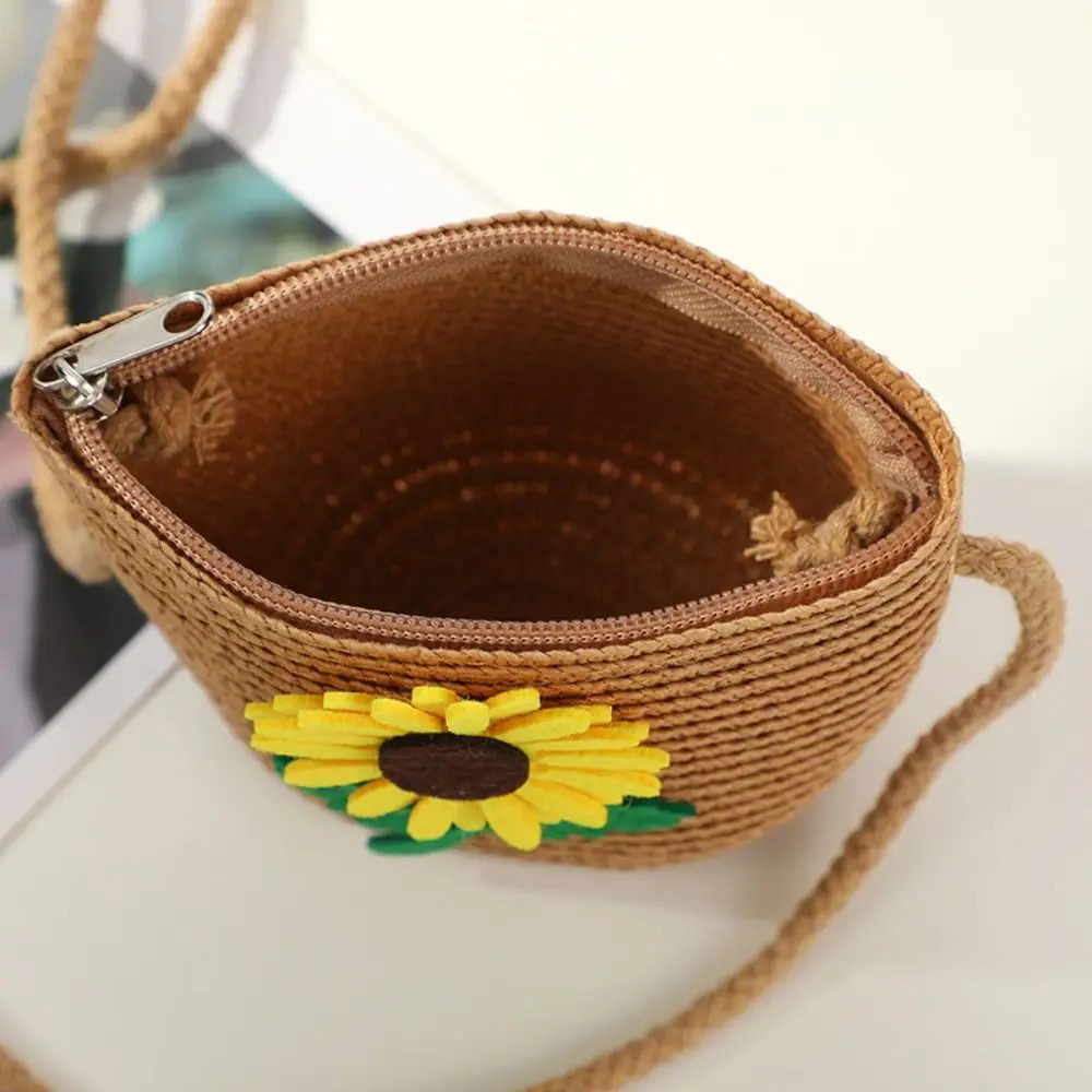 Children Flower Crossbody Bag Handmade Woven Messenger Durable Small Straw Handbag Shoulder Summer Girls Kids Coin Purse 250605