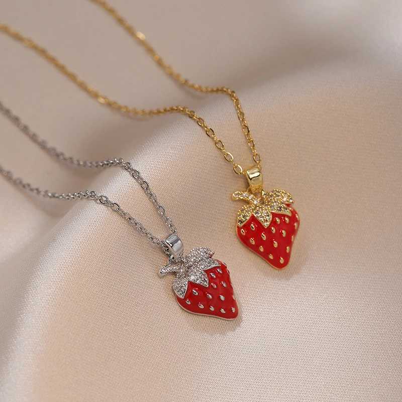 Stainless Steel Shiny Zircon Red Strawberry Pendant Necklace For Women Girls Romantic Flower Planet Tulip Choker Luxury Jewelry Y250605