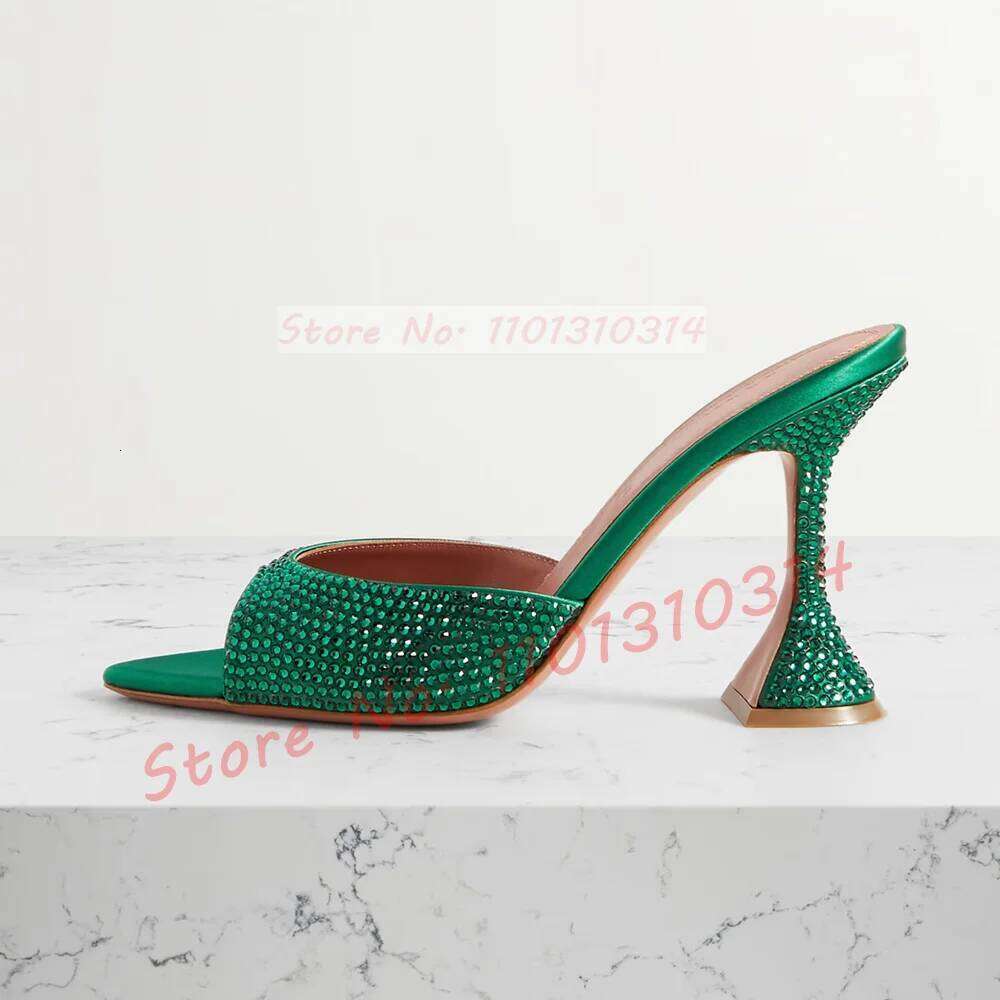 Rhinestones Square Toe Satin Slippers Women Elegant Wine-glass High Heels Shoes Ladies Spakling Evening Stiletto Mules