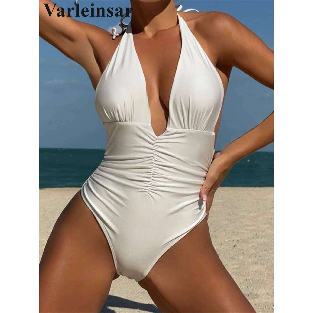 Sexy Deep V Neck Halter Backless One Piece Swimsuit Women Swimwear Female High Cut Leg Monokini Bather Bathing Suit Swim V6581