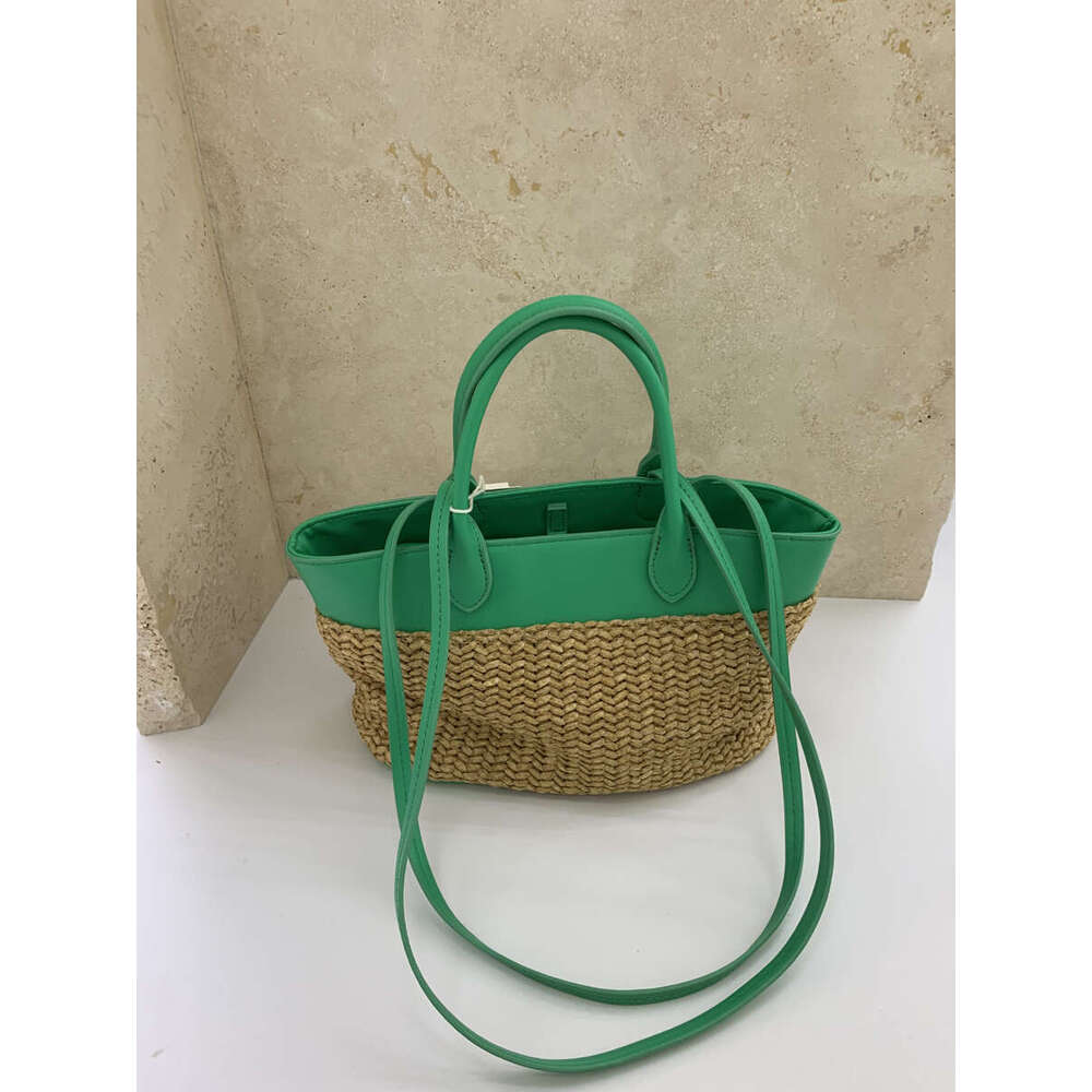 Spring Summer New Straw Tote Patchwork Color Block Handbag Shoulder Pastoral Style Woven Vacation Bag