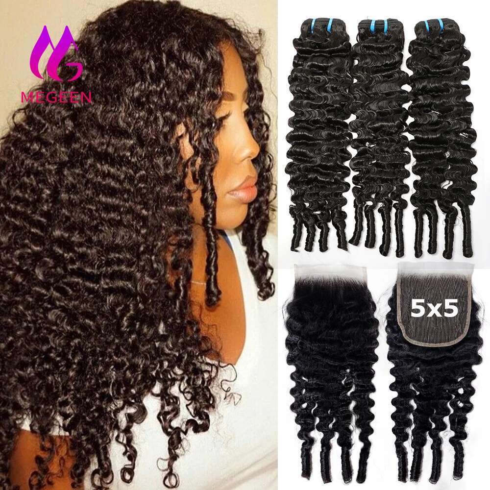 Megeen 15A Burmese Curly Bundles 5X5 Transaprent Lace Closure With 3 4 Raw Human Hair Extensions Deep Wave