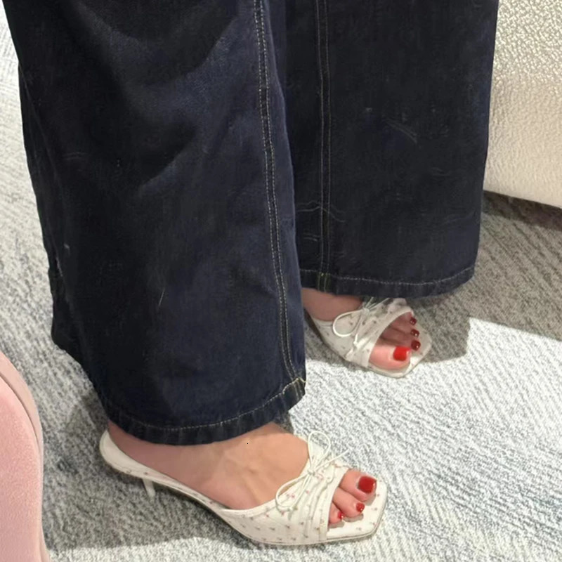 Summer Floral High Heels Women Slippers Fashion Square Toe Slip On Shoes Ladies Outdoor Party Dress Slides 250605