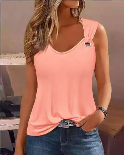 Summer Fashion Sexy Simple Metal Buckle V-Neck Sleeveless Women's Solid Color Sweet Vest B5