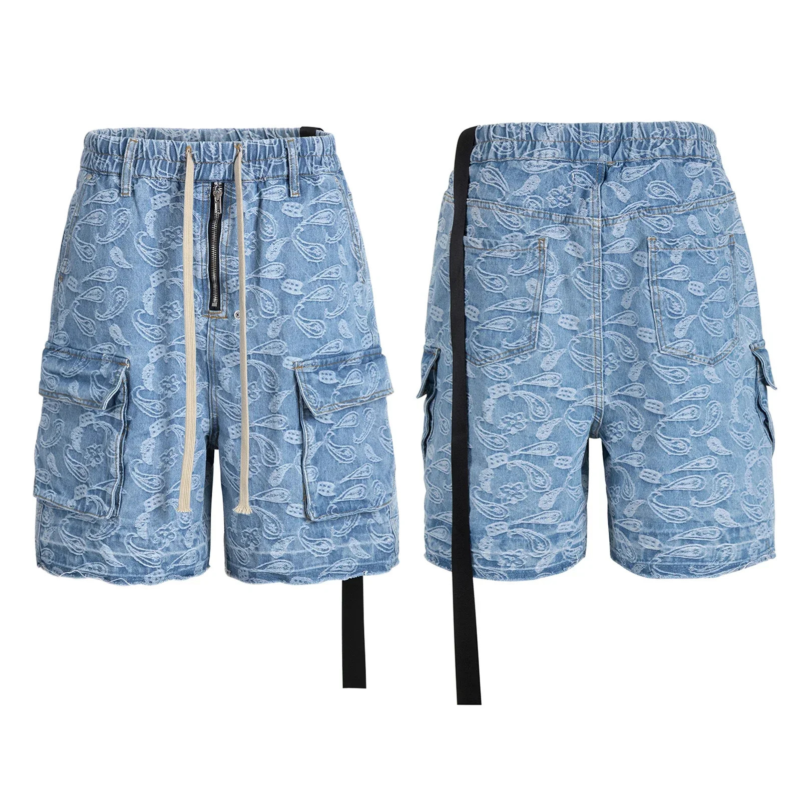 Streetwear Washed Cashew Flower Pocket Summer Denim shorts for Men and Women Wide Leg Baggy Drawstring Cargo Short 250530