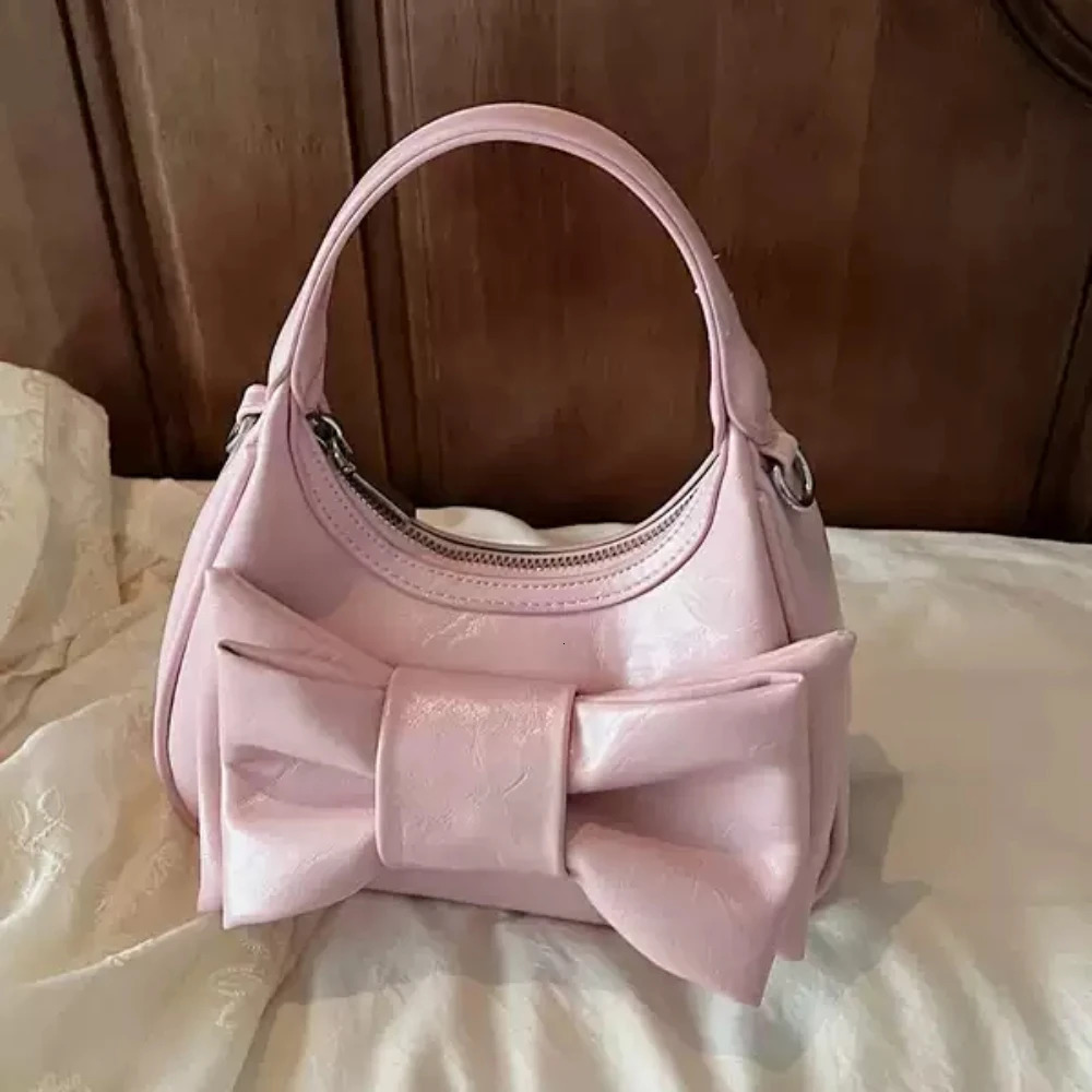Summer Cute Bow Handbags Women Korean Solid Color Glossy PU Texture Crossbody Bag Delicate All-Match Commute One Shoulder Bags 250605