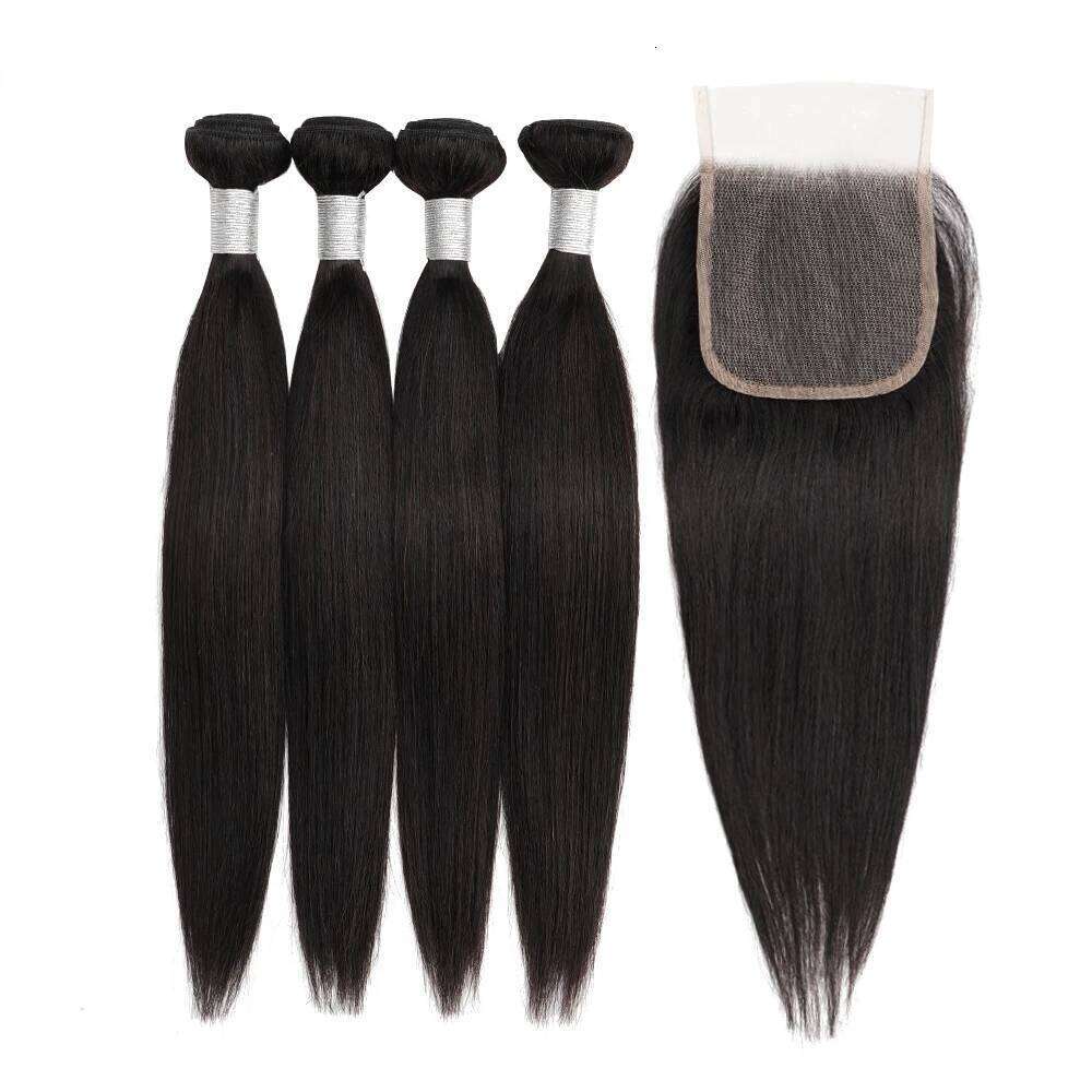 260Gram/Set For One Full Head 4 Bundles With Closure Black Color Remy Indian Human Hair Extension 4x4 Transparent Lace Closures