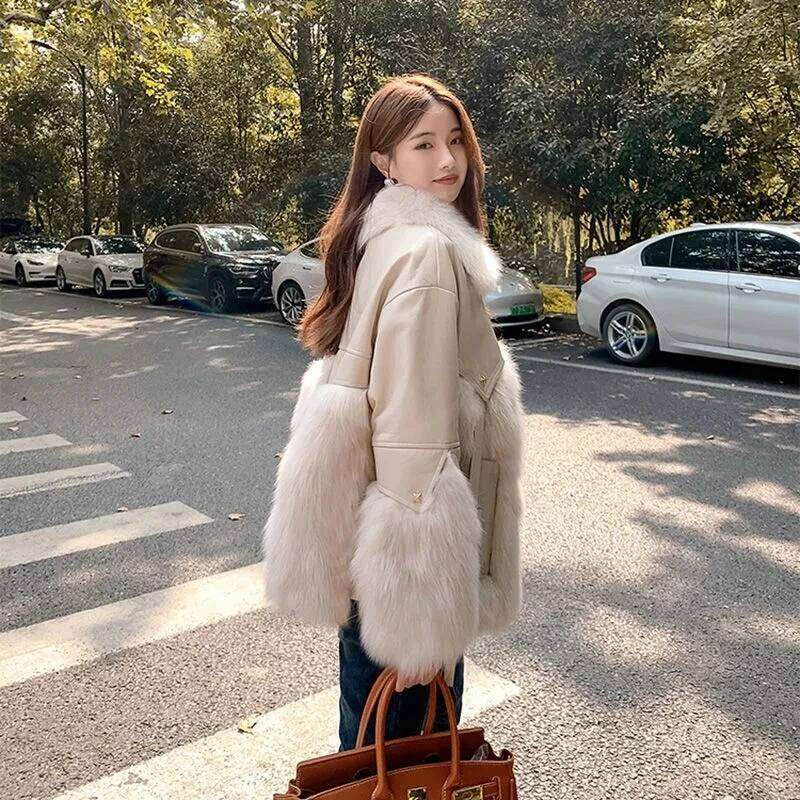 Winter Women's Leather Jacket Real Fox Collar Trim Natural Skin With Rabbit Fur Coats Short Style Female
