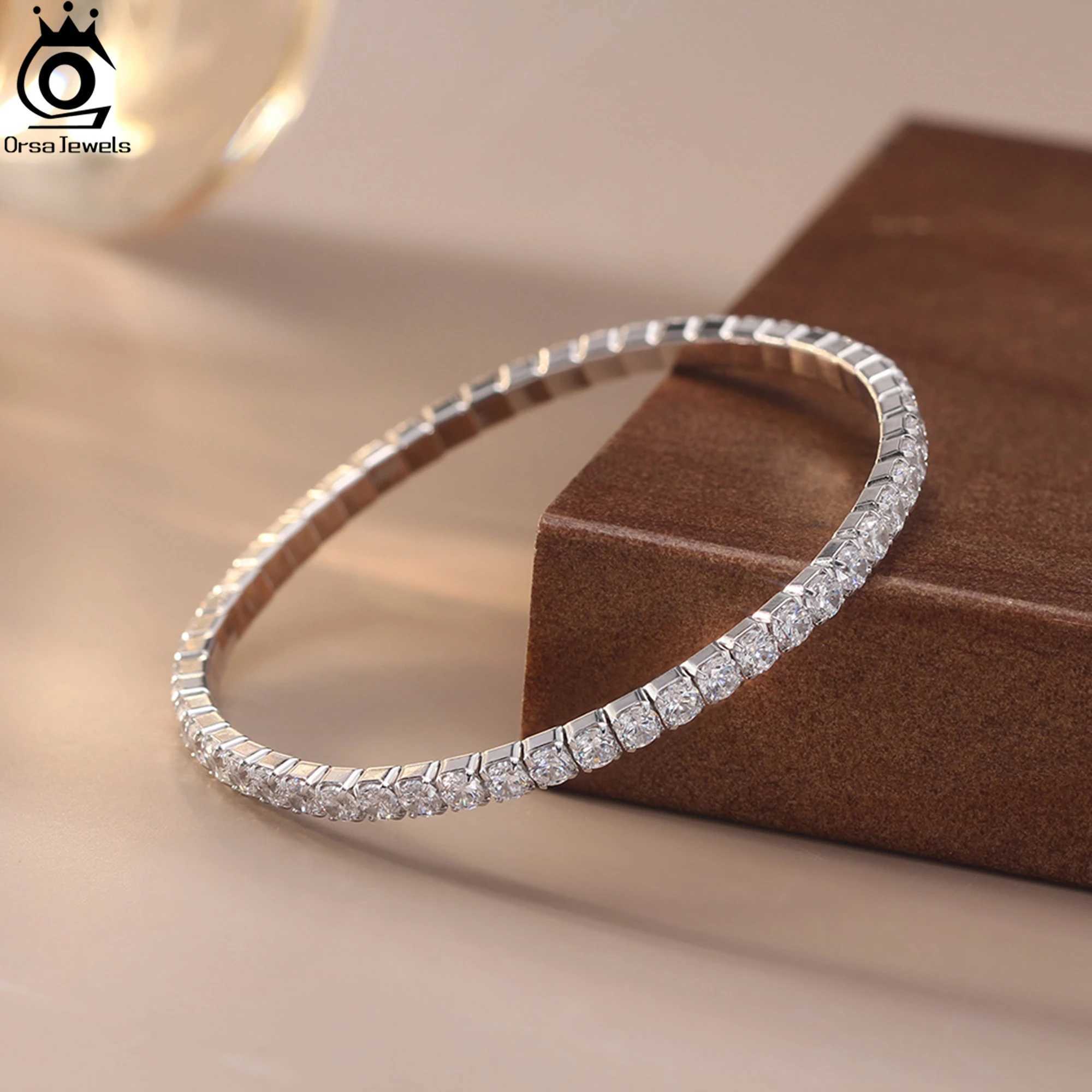 ORSA JEWELS 3mm Sparkling 5A Cubic Zirconia Tennis Chain Bracelet 925 Sterling Silver 14K Gold Plated Elastic Rope Gift SB217 W250606