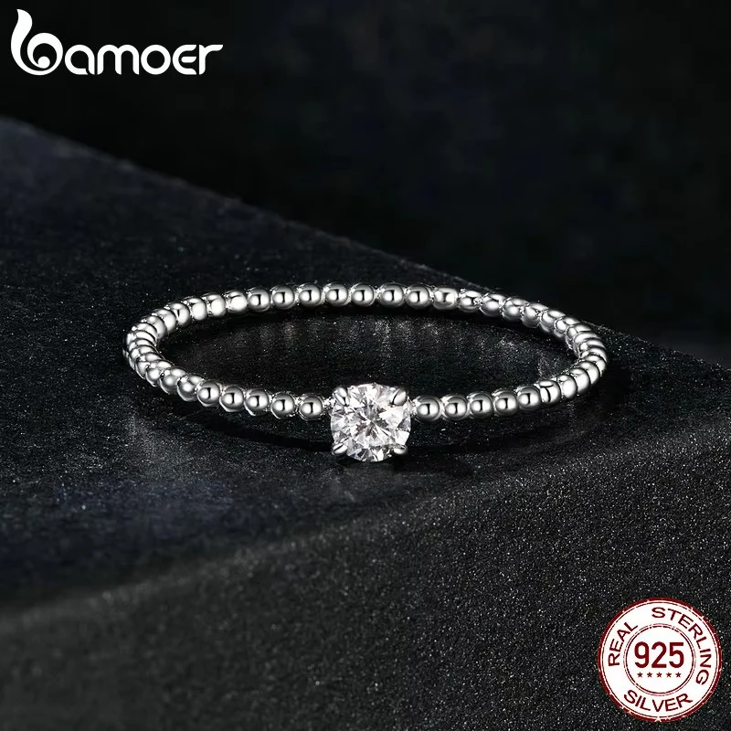 BAMOER 925 Sterling Silver Eternity Rope Wedding Band Ring, Stackable Moissanite Beads Ring for Women MSR046