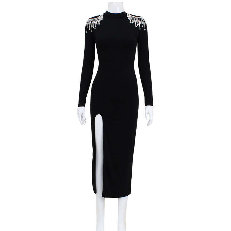 Elegant Socialite Style Women's Round Neck Long Sleeve Split Sexy Dress With Sparkling Back And Slit For Evening Party B5